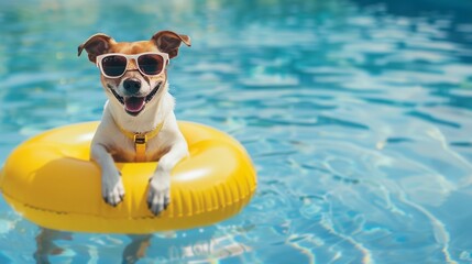 Happy dog with sunglasses and floating ring in summer vacation. 