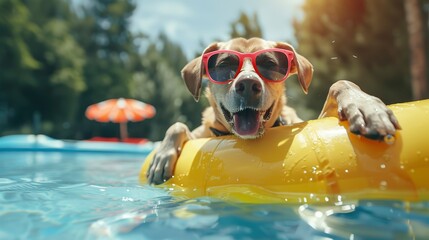Happy dog with sunglasses and floating ring in summer vacation.