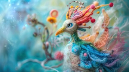 Obraz premium Colorful abstract depiction of a mystical bird in a dreamy landscape, showcasing vibrant details and imaginative creativity.