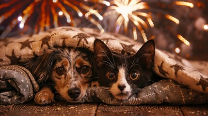 Frightened dog and cat hiding under blankets as fireworks explode behind them on the Fourth of July. 