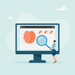 Neuroscience and brain research concept. The human brain and psychology. A character examines a head tomography scan on the screen. Vector illustration.	