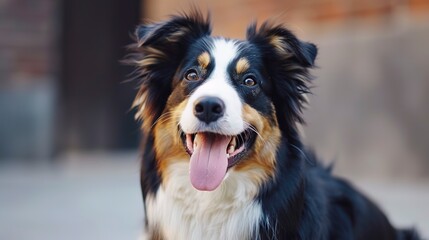 Fototapeta premium A beautiful dog with tongue out on a light background. 