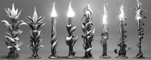 Creative black and white candle holders with intricate floral designs, each unique in style and shape, emitting soft light.