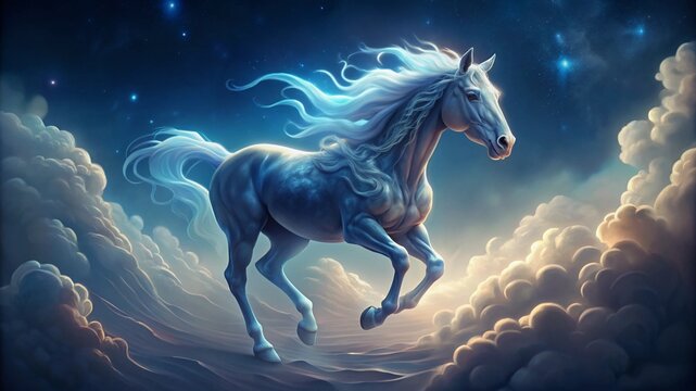 A horse with a body made of clouds galloping through the sky. Generative AI.
