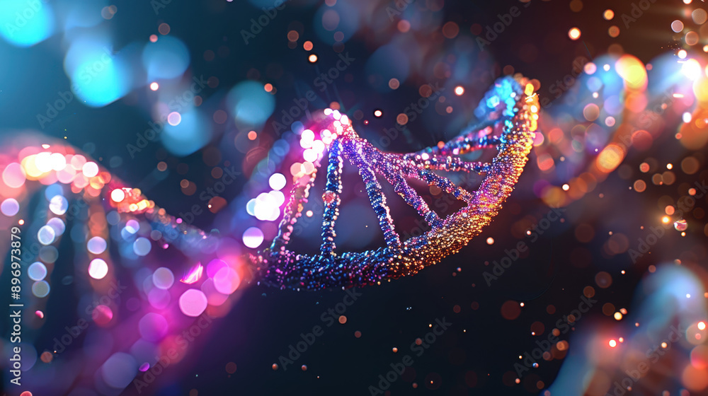 Poster colorful abstract representation of a dna double helix structure surrounded by vibrant glowing orbs 