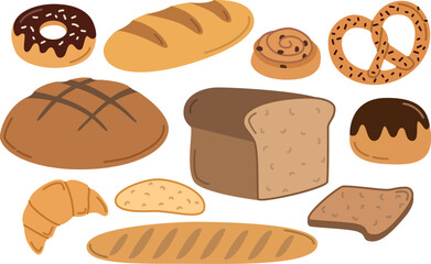 Set of different types of bread and bakery products. Vector simple elements in flat style	