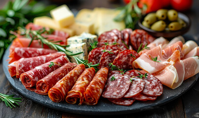Gourmet Charcuterie Board with Assorted Meats, Cheeses, and Olives on Wooden Table, Ideal for Appetizer and Entertaining Ideas