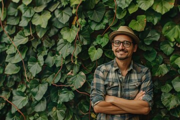 Fototapeta premium Man Standing Against Green Leaves Living Wall, Happy Man Portrait on Ivy Wall Texture Background