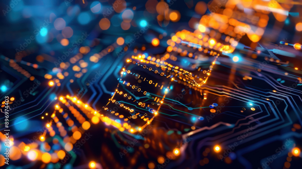 Poster abstract digital landscape featuring glowing circuit board patterns with binary code elements and so