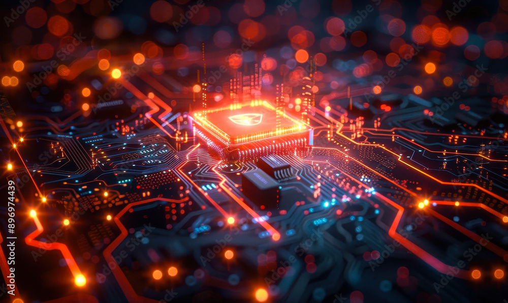 Poster futuristic circuit board with glowing microchip central processor representing cutting-edge technolo