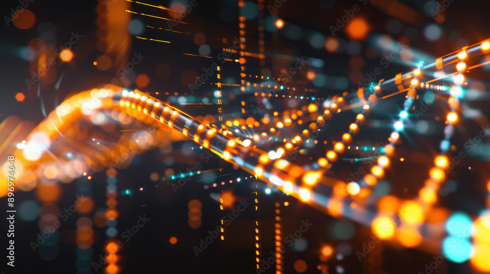 Poster abstract representation of glowing data streams with vibrant orange and blue lights creating a dynam