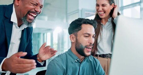 Success, winner or business people on computer for trading goal, achievement or profit target online. Stock market, teamwork or excited traders with bonus prize for investment news growth or victory