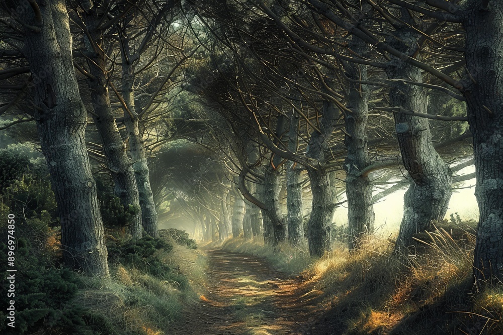Aufkleber sun is shining through trees creating a tunnel of light on path in forest