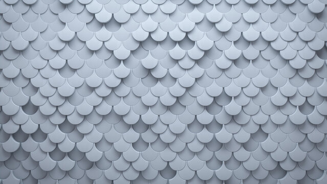 White, Fish Scale Wall background with tiles. Polished, tile Wallpaper with Semigloss, 3D blocks. 3D Render