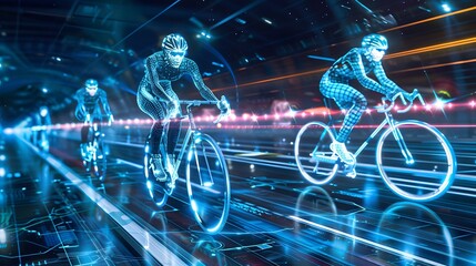 Digital Cyclists Racing Through Futuristic Cityscape