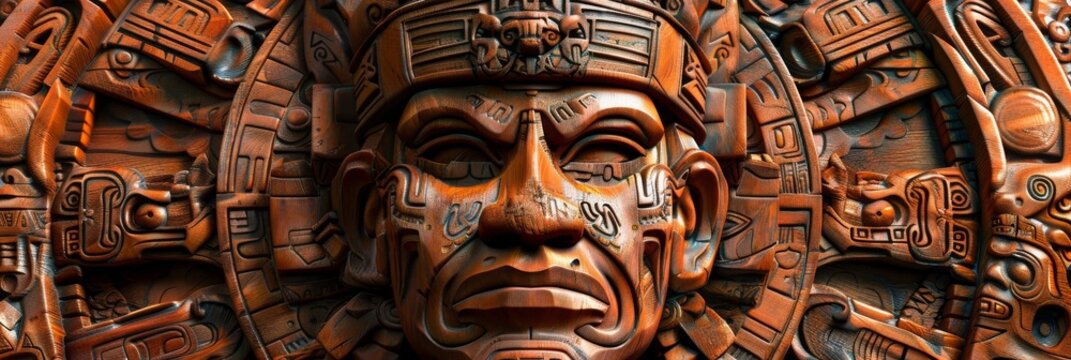 Wooden Mayan Mask Isolated, Carved Mexican Tribe Mask, Wooden Masks of Maya on White