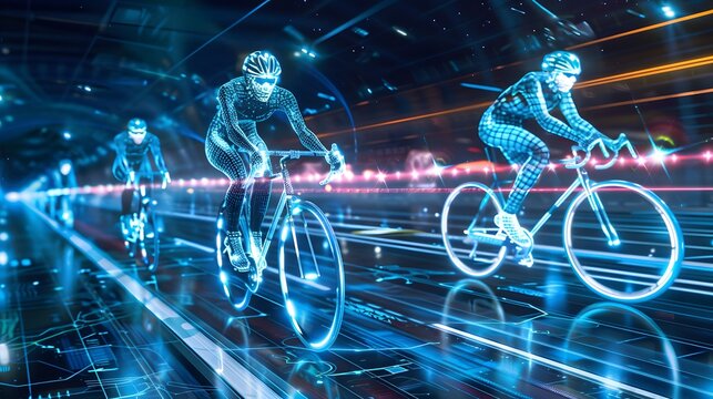 Digital Cyclists Racing Through Futuristic Cityscape