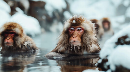 Obraz premium Japanese macaques, also known as snow monkeys, soaking in a hot spring surrounded by a snowy landscape.