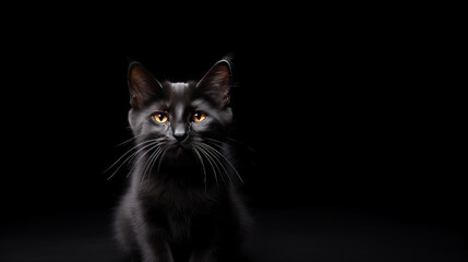 A black kitten over black background, portrait of halloween in dark environmental , Black cat, animal,Pet