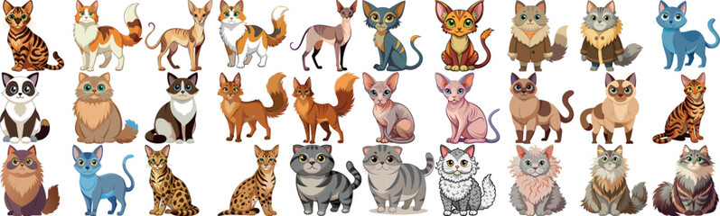 Obraz premium Cute cartoon cats in various poses and breeds, illustrated in a playful and colorful style.
