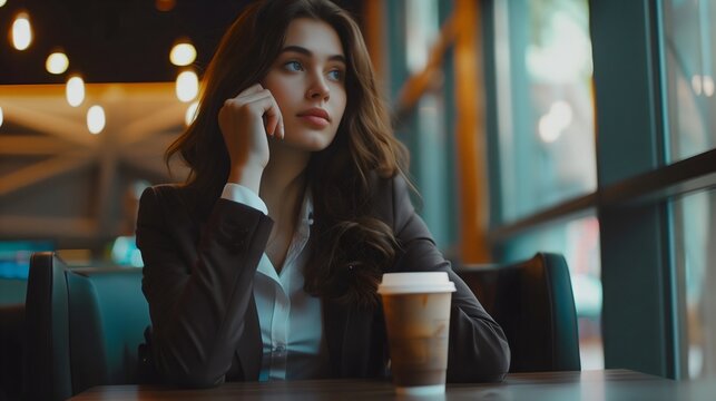 Portrait of young beautiful businesswoman thinking and watching outside, portrait of pensive Caucasian woman in restaurant, professional corporate looking female manager sitting in cafe, cup of coffee - Powered by Adobe