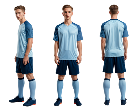 A set of a professional football player in light blue jersey with isolated background