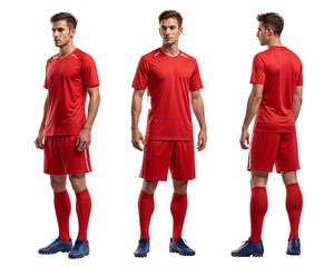 Turnaround angle of a soccer player in plain red jersey mockup in isolated background