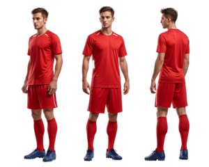 Turnaround angle of a soccer player in plain red jersey mockup in isolated background