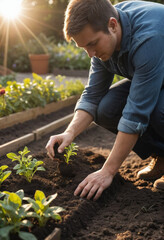 Fototapeta premium A person planting seeds in a garden bed, kneeling in the dirt with sunshine overhead. 
