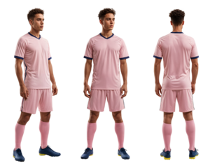 A set of football player mockup in pink jersey from multiple angle, isolated background