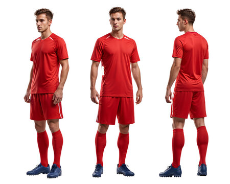 Turnaround angle of a soccer player in plain red jersey mockup in isolated background