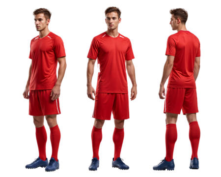 Turnaround angle of a soccer player in plain red jersey mockup in isolated background