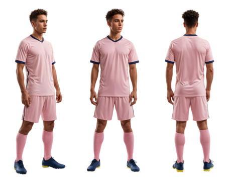 A set of football player mockup in pink jersey from multiple angle, isolated background