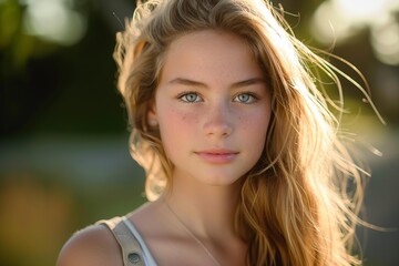 Naklejka premium Beautiful blond teenage girl with freckles and blue eyes posing in nature during golden hour