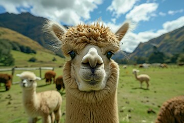 Obraz premium Cute alpaca smiling at camera with other alpacas in background in a scenic field