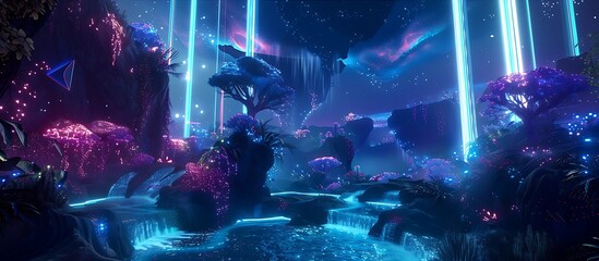 A mystical planet with bioluminescent forests, neon waterfalls, and holographic wildlife, all set against a backdrop of shimmering digital auroras.