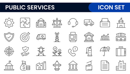 Set of outline Public Services icons. Minimalist thin linear web icon set. Line icons related to public utilities. Gas, electricity, water, heating.