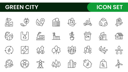 Line icons about green city. Sustainable development. Contains such icons as renewable energy, autonomous building, air and water quality.