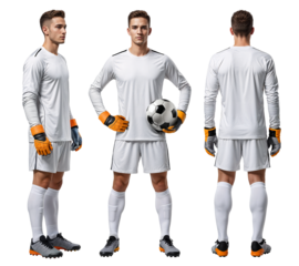 Plain white jersey mockup of a pro soccer goalie with gloves in isolated background