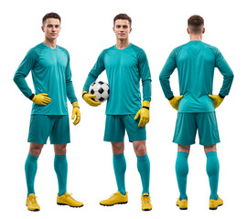 Football goalkeeper in tosca jersey color with gloves, turnaround multiple angle, isolated background