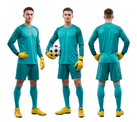 Football goalkeeper in tosca jersey color with gloves, turnaround multiple angle, isolated background