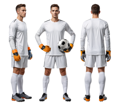 Plain white jersey mockup of a pro soccer goalie with gloves in isolated background