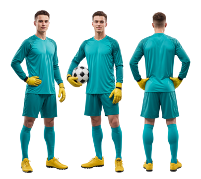 Football goalkeeper in tosca jersey color with gloves, turnaround multiple angle, isolated background