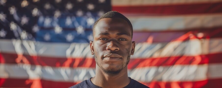 Young Black male voter with American flag background. Free copy space for banner.