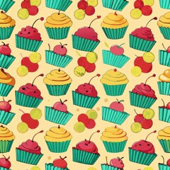 Seamless pattern of cupcakes topped with cherries, Generative AI