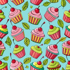 Seamless pattern of cupcakes topped with cherries, Generative AI