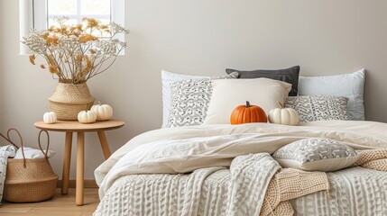 Cozy Halloween bedroom with autumn-themed bedding, warm orange decor, and playful pumpkin accents for a festive space.