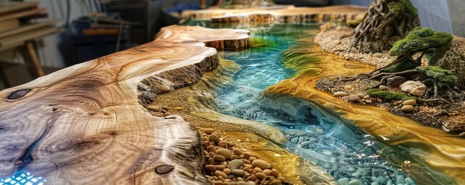 Stunning river epoxy resin table with intricate details combining natural wood and vivid blue epoxy for a unique home decor piece.