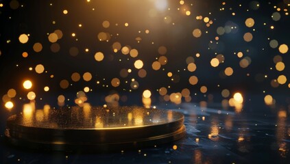 A podium with gold glitter Gold background podium stage golden 3D platform light stand product. Background podium abstract gold award scene pedestal luxury display template ceremony winner