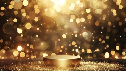 A podium with gold glitter Gold background podium stage golden 3D platform light stand product. Background podium abstract gold award scene pedestal luxury display template ceremony winner